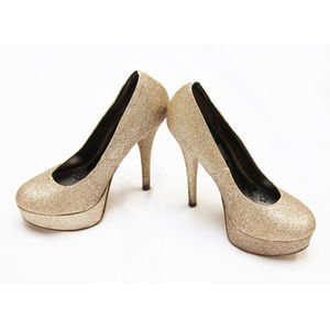 Brash Gold Glitter Stiletto Platform Heels, Size 5